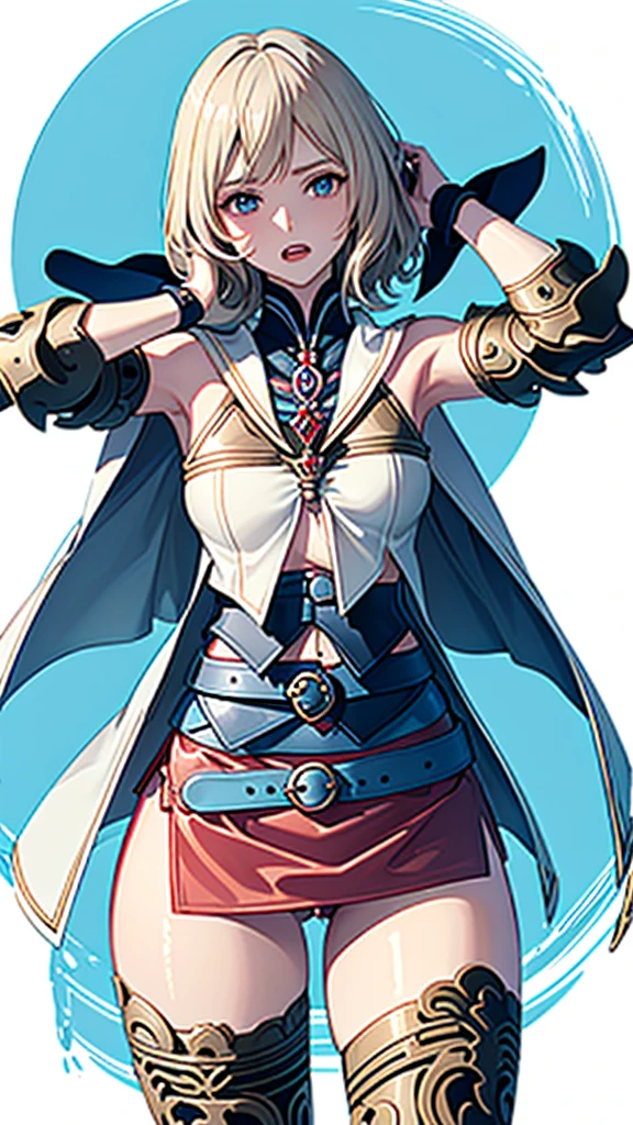 White background,appearance々Facial expressions,cowboy shot,(masutepiece, of the highest quality, Best Quality, Official art, Beautiful and aesthetic:1.2), ighly detailed, Colorful,highest details,Illustrations,Everyday scenery, 1girl in, Solo, (Final Fantasy 12,Ashelia, shorth hair,short-hair ,Ashelia Costume,Red mini skirt, thighs thighs thighs thighs, Knee socks that cover up to the shin,jewely, Blue belt,Number on one of the belts), is standing, gritted teeth, Heavy breathing, move chart,Medieval fantasy