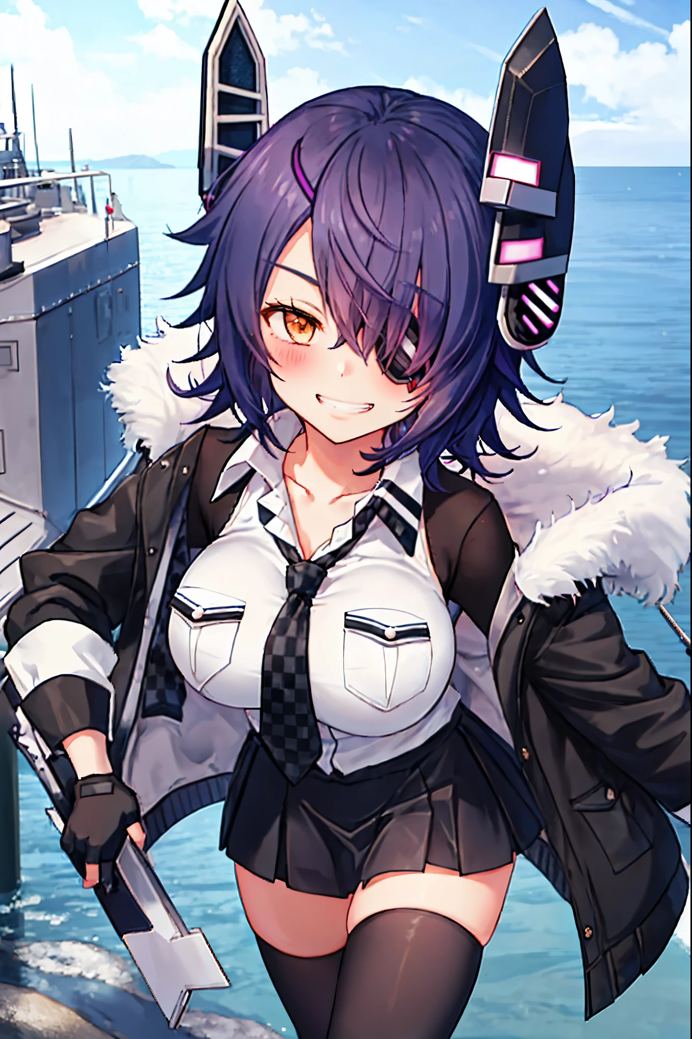 best quality, masterpiece, solo, {tenryuu_kantaicollection:1.15}, teen_girl, eyepatch, short_hair, purple_hair, closed_eyes, headgear, breasts, necktie, large_breasts, smile, 1girl, blush, checkered_necktie, hair_over_one_eye, shirt, collared_shirt, white_shirt, jacket, sleeveless, brown_eyes, fur-trimmed_jacket, fur_trim, collarbone, looking_at_viewer, pocket, breast_pocket, ,, messy_hair, black_gloves, gloves, partially_fingerless_gloves,harbor_road_landscape_background,outdoor,short_skirt,thigh-highs,boots,sunlight,from_below,grin
