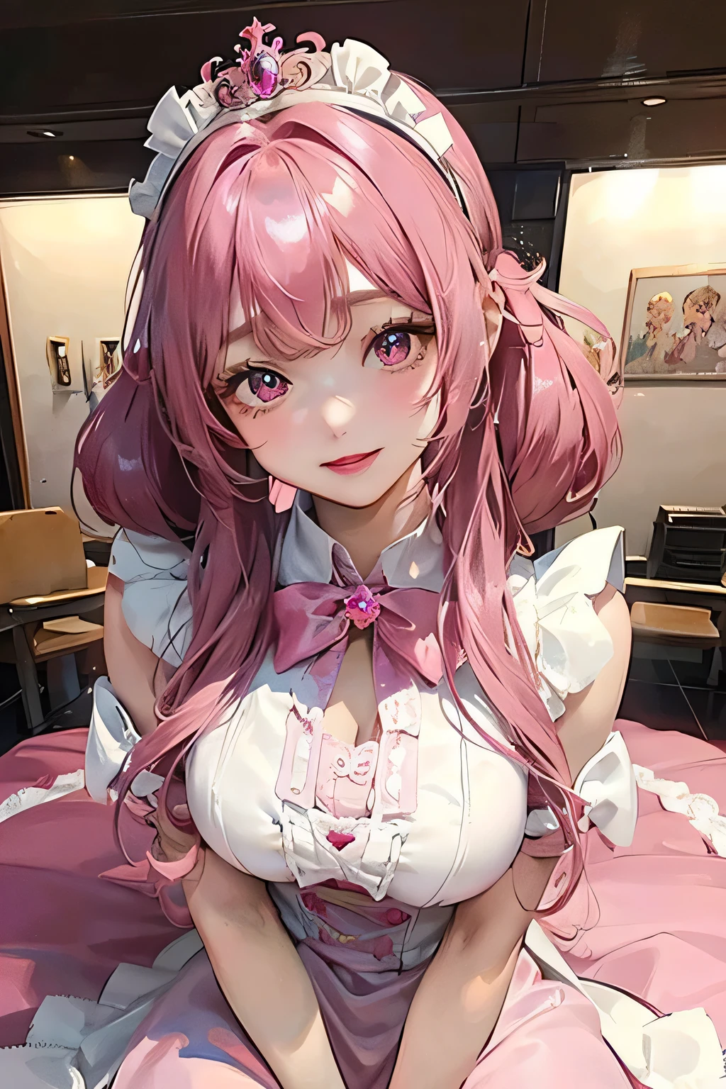 a beautiful young girl in a pink dress sitting on a bed, close-up, big breast, an exquisite anime-style drawing by Leng Mei, trending on CG Society, rococo style, intricate details in the dress, cute anime waifu with expressive eyes and a lovely smile, anime girl cosplaying as a refined lady, anime girl in a maid costume with a playful expression, enchanting anime princess with a flowing pink gown and a crown, portrait of a magical lolita girl with vibrant colors and intricate patterns, cosplay of a catboy maid in a detailed dress, realistic anime barbie doll with precious accessories