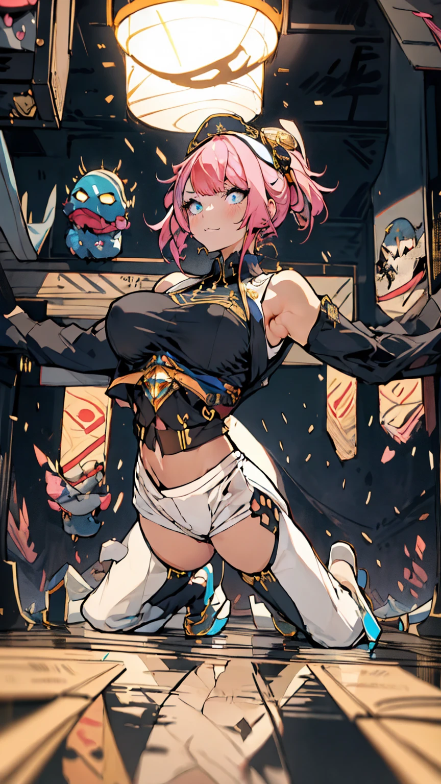 独奏, 1 confident woman with floor-length pink hair, huge and big breasts, Futuristic royal costume in white with black and gold details, Bullish, blue detailed eyes,  , judgmental look, golden metal skulls, sovereign pose, cyberpunk queen
