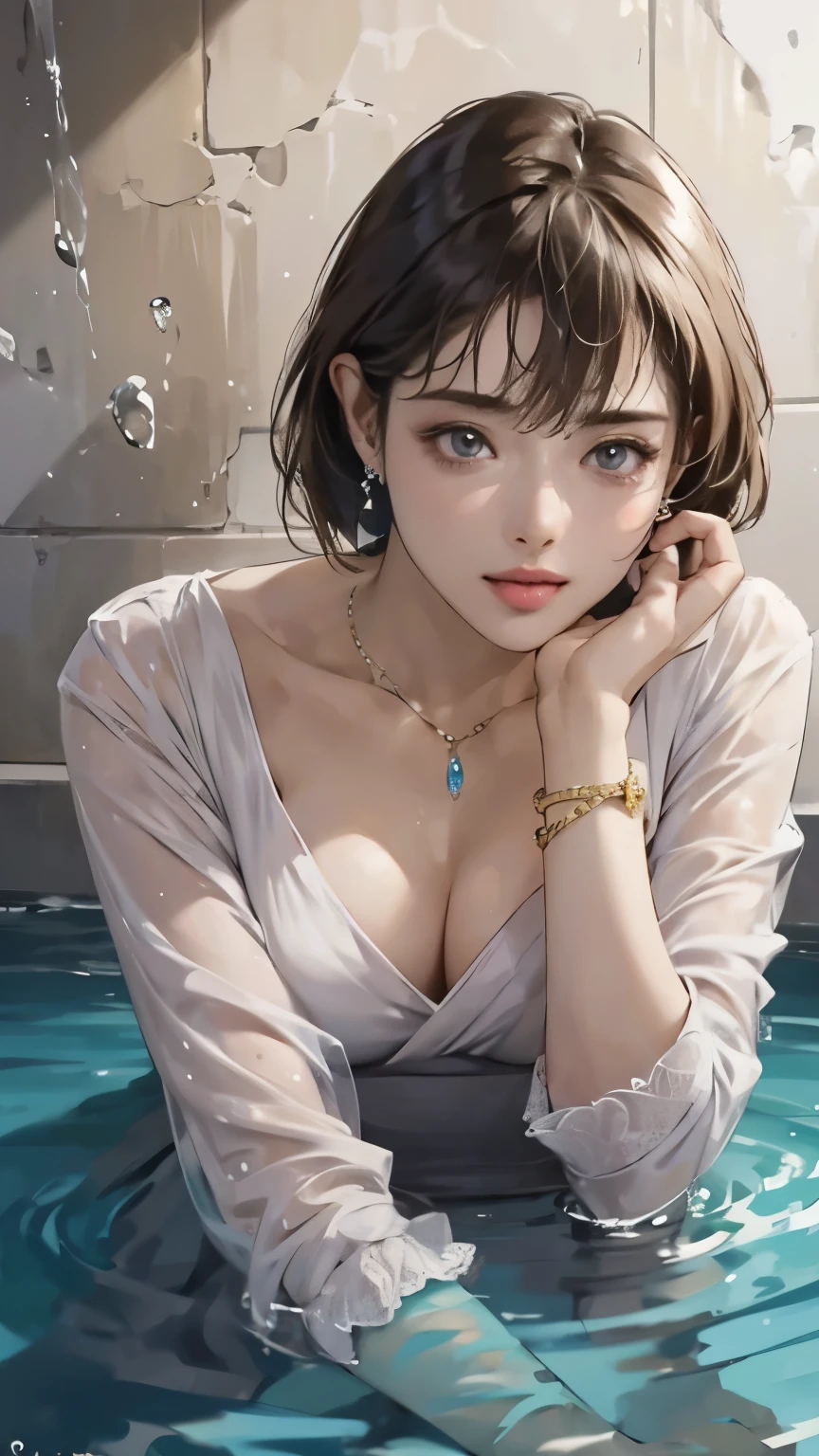 (Realistic:1.5, 16K, Highest quality, masterpiece, Ultra-high resolution), Perfect dynamic composition:1.2, (Love hotel bathroom), (Expressions of sadness:0.9), Highly detailed skin and facial textures, Incredibly slim body, Fair skin:1.2, Sexy beauty, Very beautiful face:1.2, Water droplets on the skin, Body wet in the shower, Wet body:1.2, Wet Hair:1.3, (short hair), (Neat bangs:1.5), (Shapely large breasts, Chest gap), ((Full Body Shot)), ((Full nudity)), ((Full nudityでシャワーを浴びている:1.5)), ((Exposed breasts)), ((Thin and beautiful pubic hair)), (Big eyes that exude beautiful eroticism:0.8, Lips that exude beautiful eroticism:0.8), necklace, Earrings, bracelet, wedding ring,