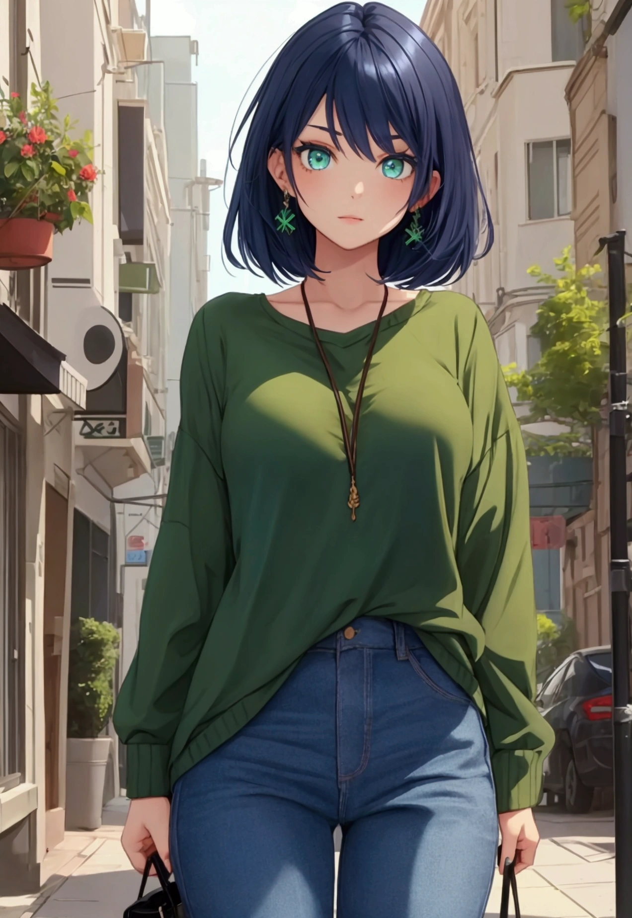Girl with dark blue hair, green eyes,rectangular body figure, casual clothes