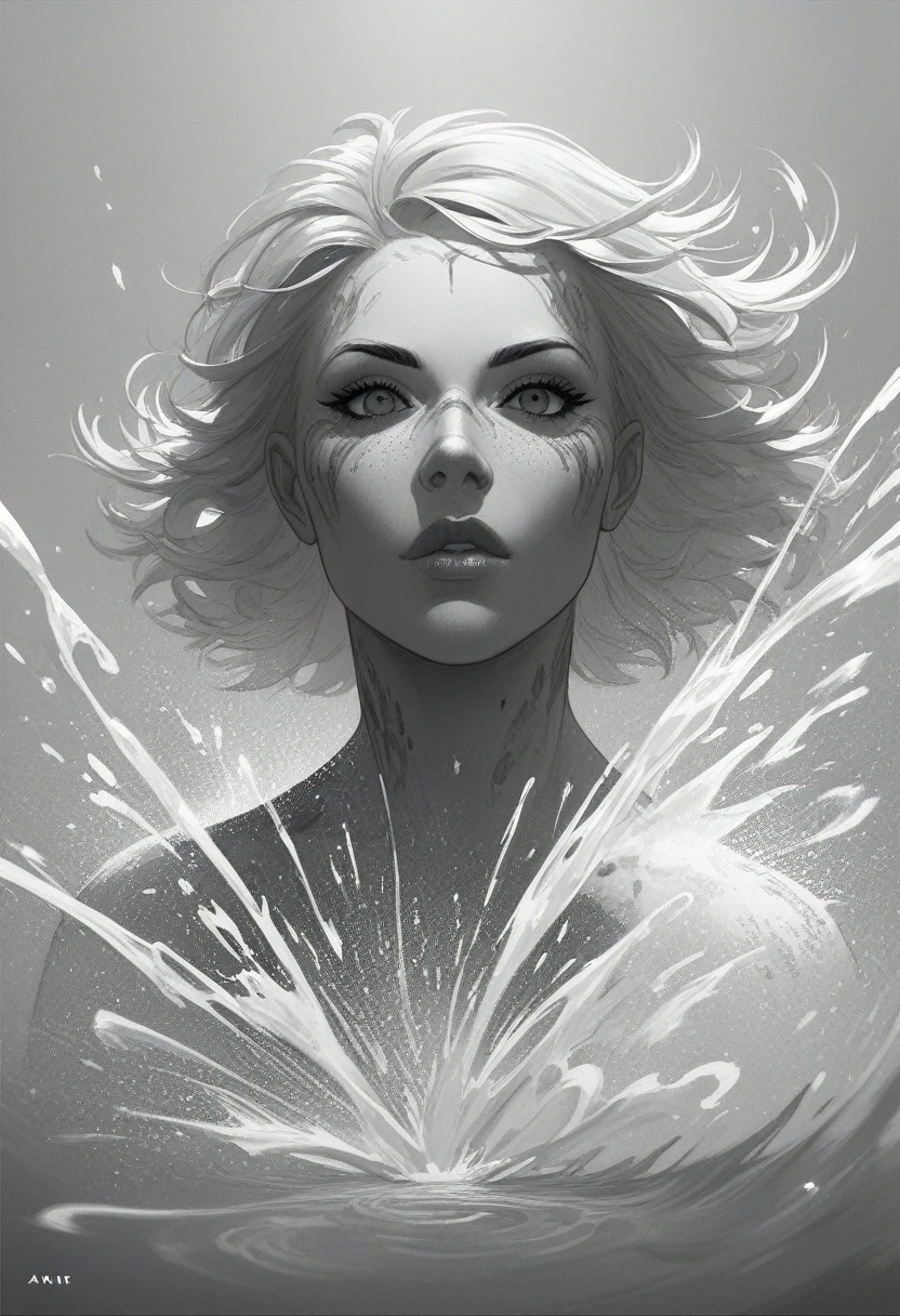 1girl, Black and white ink drawing, Hyperrealistic, splash art, concept art, mid shot, intricately detailed, dramatic, 2/3 face angle