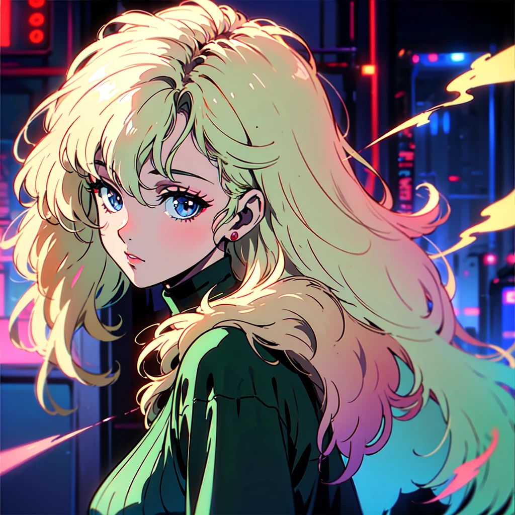A city pop poster with a retro 80s feel、Imagine the album cover。With the highest quality anime illustrations、There is one blonde girl with short hair.。Her eyes shine blue、Dressed in rapper style clothing、He has a blue rose tattoo on his neck.、I'm wearing headphones。
The image is in a dynamic pose.、Drawn from a novel angle。Created in high definition like 4K、Creates the feeling of being in a dark room。The room was lit by blue lights.、It has a fantastic atmosphere。The room is a small space like a 1K.、The window offers a view of downtown Shinjuku.。
This work depicts a night city enveloped in neon lights.、This will be a record that allows you to fully enjoy the charm of city pop.。