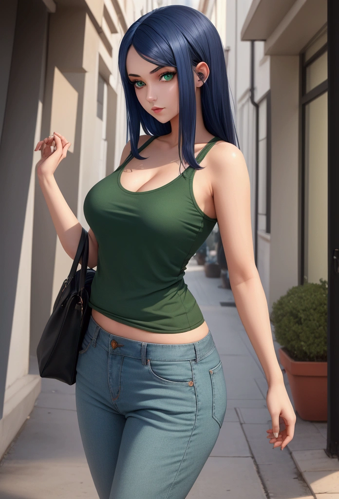 Girl with dark blue hair, green eyes,rectangular body figure, casual clothes