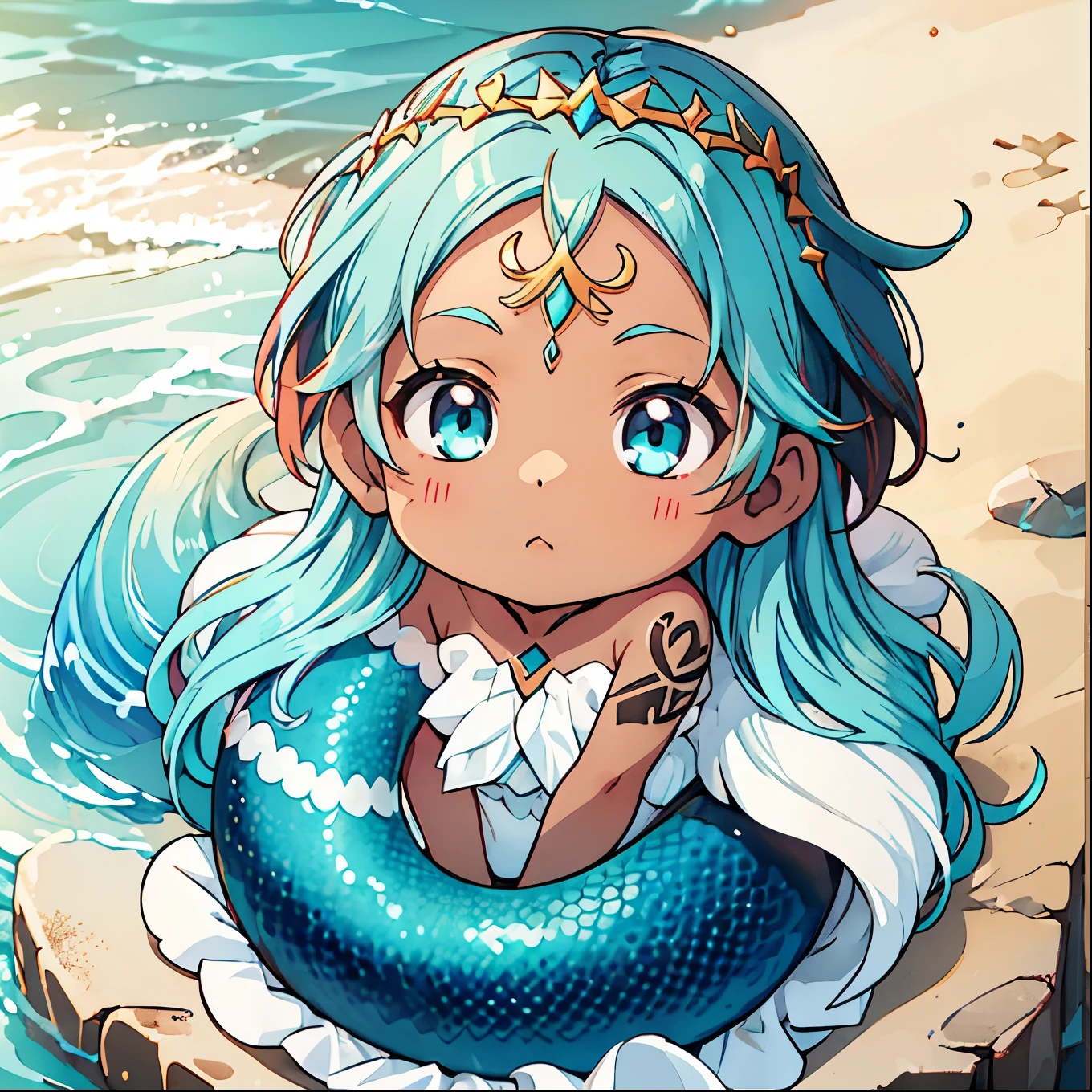 Baby Mermaid Girl, ((((DARK SKIN)))) ((SHORT OMBRE MULTICOLOR HAIR)), Teal Hair Mixed With Brown Hair, White Mermaid Tail, ((Rune Tattoos)), (CIRCLET)