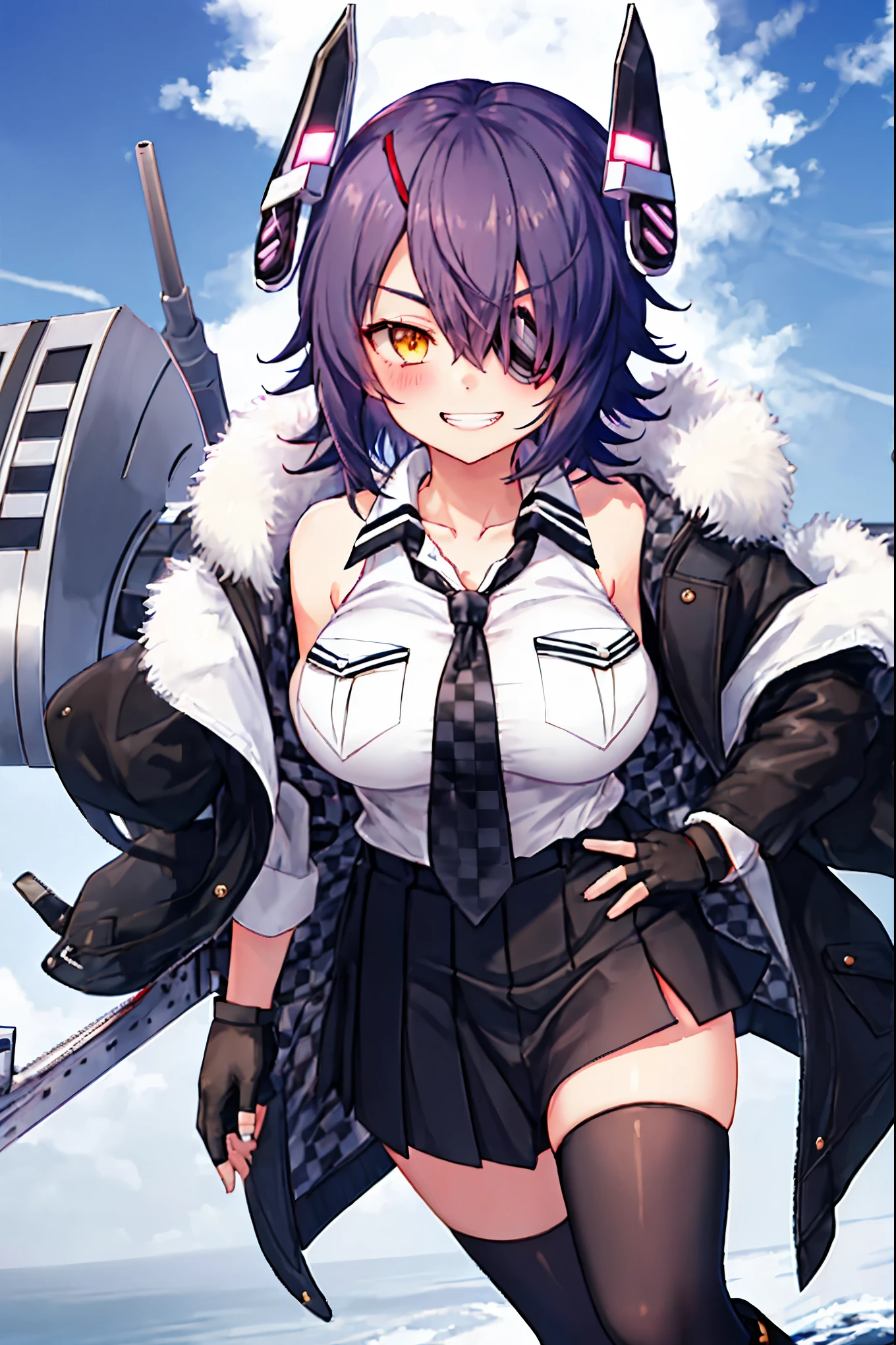best quality, masterpiece, solo, {tenryuu_kantaicollection:1.15}, teen_girl, eyepatch, short_hair, purple_hair, yellow_eyes, headgear, breasts, necktie, large_breasts, smile, 1girl, blush, checkered_necktie, hair_over_one_eye, shirt, collared_shirt, white_shirt, jacket, sleeveless, brown_eyes, fur-trimmed_jacket, fur_trim, collarbone, looking_at_viewer, pocket, breast_pocket, ,, messy_hair, black_gloves, gloves, partially_fingerless_gloves,harbor_road_landscape_background,outdoor,short_skirt,thigh-highs,boots,sunlight,from_below,grin