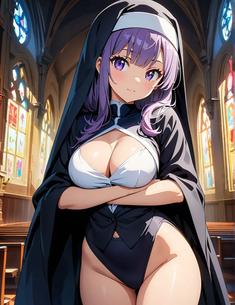 (anime artwork, anime style, studio anime, very detailed, up to date, vibrant, Anime Coloring, high contrast, masterpiece:1.2, best quality, best aesthetics),2 girl,hug from behind,nun, Medium chest, A glimpse of thighs,random hair, One eye is hidden by the bangs, perfect proportions, high detail skin, Cute, detailed faces,church, precise fingers,curvy,