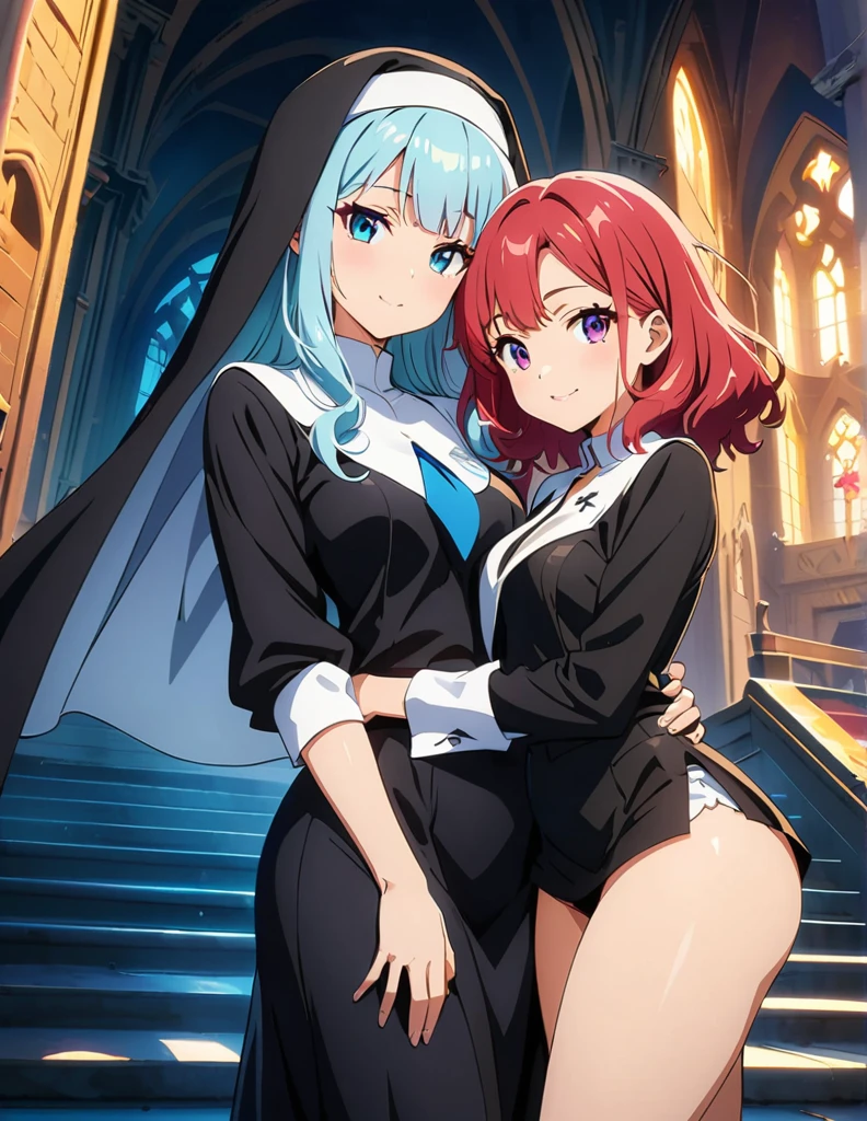 (anime artwork, anime style, studio anime, very detailed, up to date, vibrant, Anime Coloring, high contrast, masterpiece:1.2, best quality, best aesthetics),2 girl,hug from behind,nun, Medium chest, A glimpse of thighs,random hair, One eye is hidden by the bangs, perfect proportions, high detail skin, Cute, detailed faces,church, precise fingers,curvy,