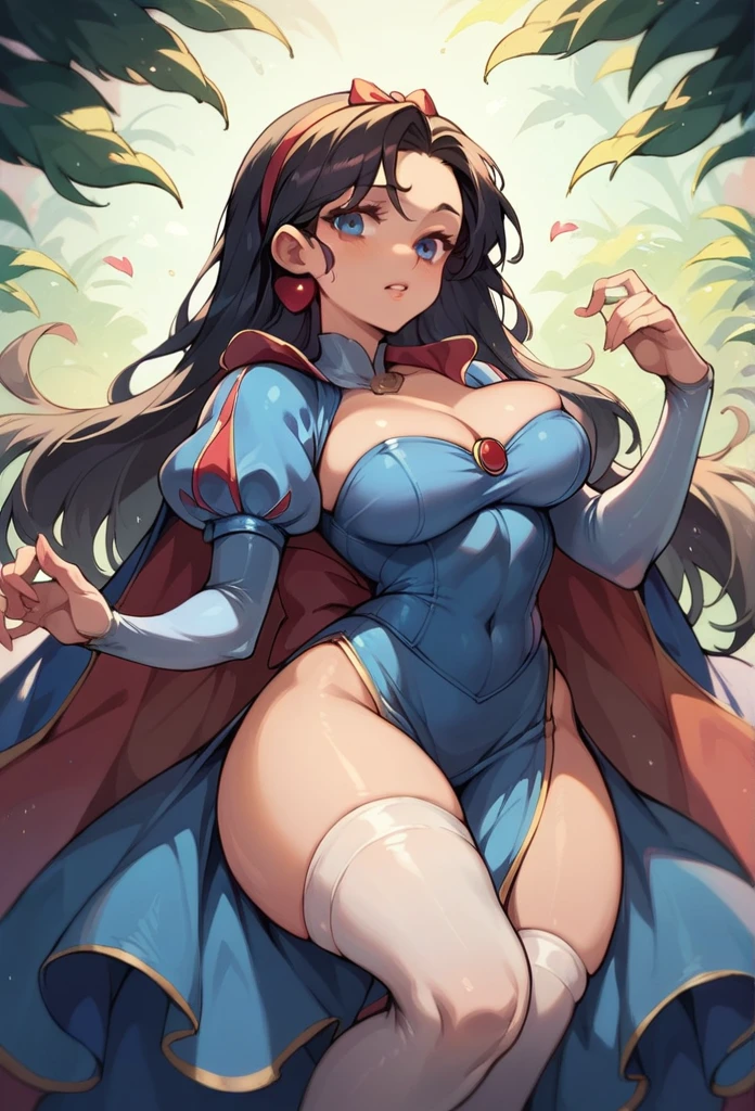 Snow White, big , deep cleavage, blue blouse, white side slit skirt showing her thighs, white stockings