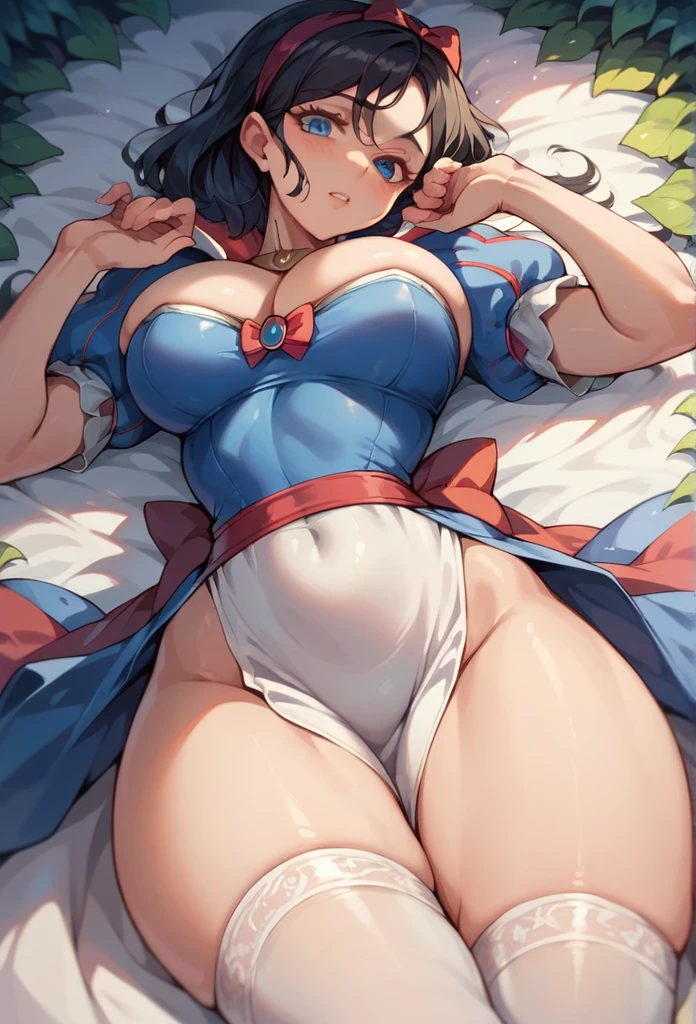 Snow White, big , deep cleavage, blue blouse, white side slit skirt showing her thighs, white stockings