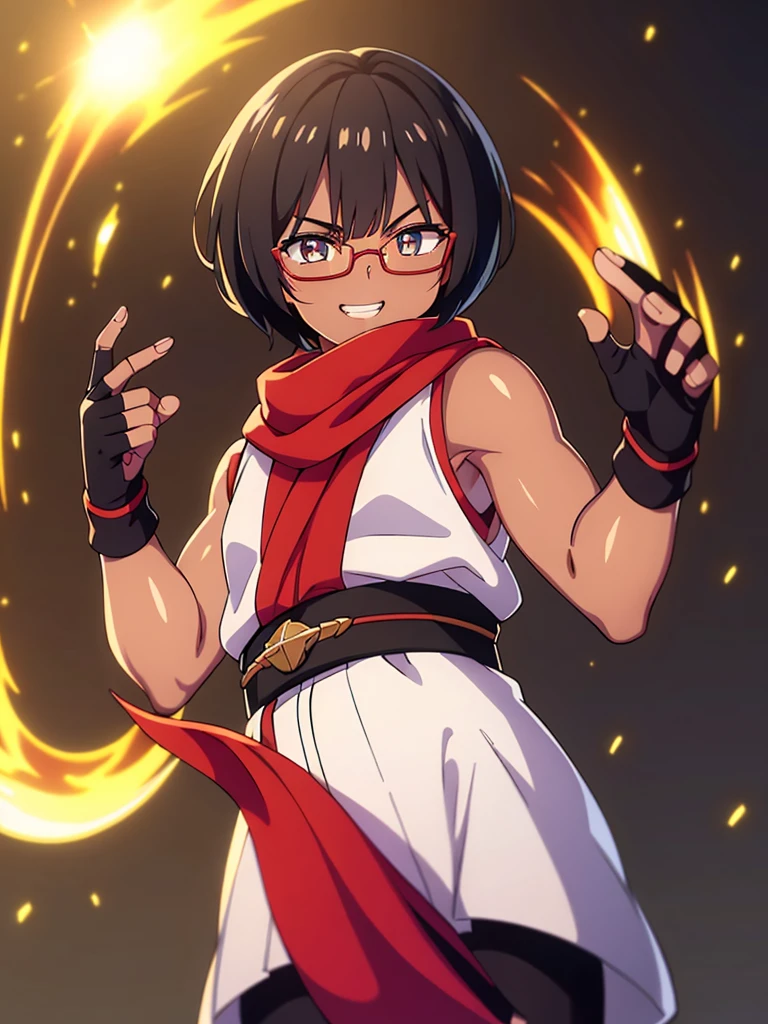 (flat chest), (masterpiece:1.2), highest quality, High resolution, unity 8k wallpaper, (fine and beautiful eyes:1.6), highly detailed face, perfect lighting, Detailed CG, (perfect hands, perfect anatomy), (1 male:1.4), 20 years old,( black hair:1.3), extremely beautiful detailfeminine face and eyes, (grin smile), detailed eyes, best quality,( dark skin:1.8),   extremely detailed, very precise detailed,(glasses:1.3), blunt bangs, open mouth, (very short pixie cut:1.2), (geta:1.2),(fingerless gloves:1.5), half closed eyes,long sidelocks,(long red Scarf:1.3),(sleeveless yukata),  (high kick:1.5),
