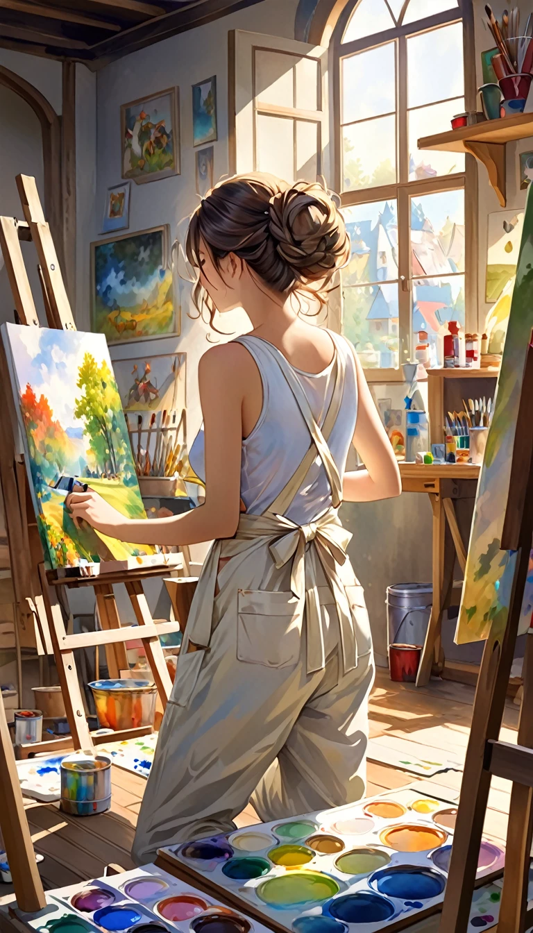 beautiful woman is (painting scene from the Grimm fairy tale "The Bremen Town Musicians" depicting the marching animals on canvas), (focus on canvas painting:1.5), tied up hair, wearing (white tank top, ivory work pants, apron, paint is splashed here and there), sunlight shines into a dimly lit room, the room is cluttered with art supplies, conceptual installation art, 2.5D, delicate and dynamic, fusion of watercolors and oil paintings, magic of vivid color shades and contrasts, gradation, foggy filter effects