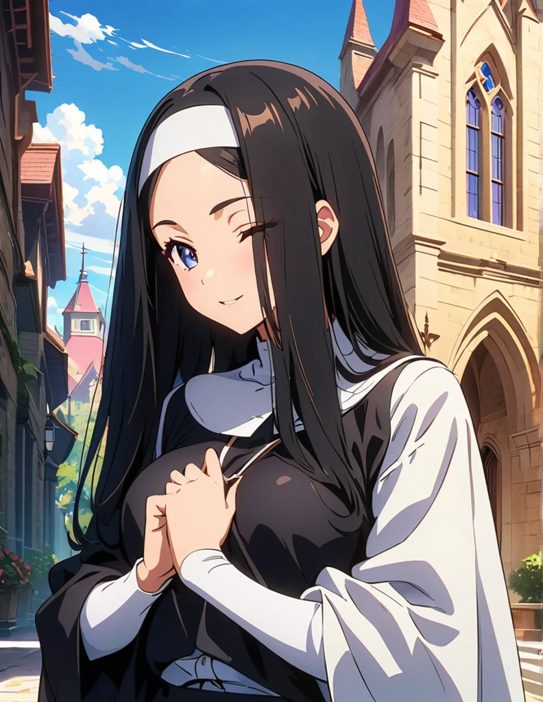 (anime artwork, anime style, studio anime, very detailed, up to date, vibrant, Anime Coloring, high contrast, masterpiece:1.2, best quality, best aesthetics),2 girl,hug from behind,nun, Medium chest,random hair, One eye is hidden by the bangs, perfect proportions, high detail skin, Cute, detailed faces,church, precise fingers,curvy,