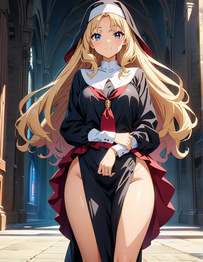 (anime artwork, anime style, studio anime, very detailed, up to date, vibrant, Anime Coloring, high contrast, masterpiece:1.2, best quality, best aesthetics),2 girl,hug from behind,nun, Medium chest,random hair, One eye is hidden by the bangs, perfect proportions, high detail skin, Cute, detailed faces,church, precise fingers,curvy,