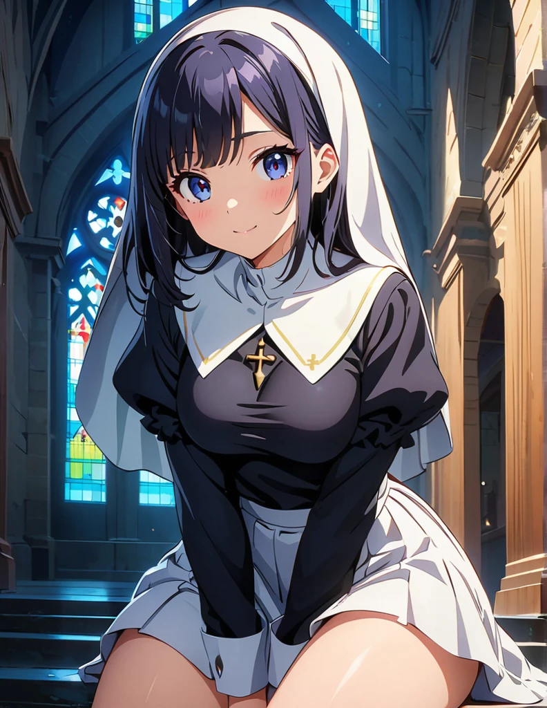 (anime artwork, anime style, studio anime, very detailed, up to date, vibrant, Anime Coloring, high contrast, masterpiece:1.2, best quality, best aesthetics),2 girl,hug from behind,nun, Medium chest,random hair, One eye is hidden by the bangs, perfect proportions, high detail skin, Cute, detailed faces,church, precise fingers,curvy,