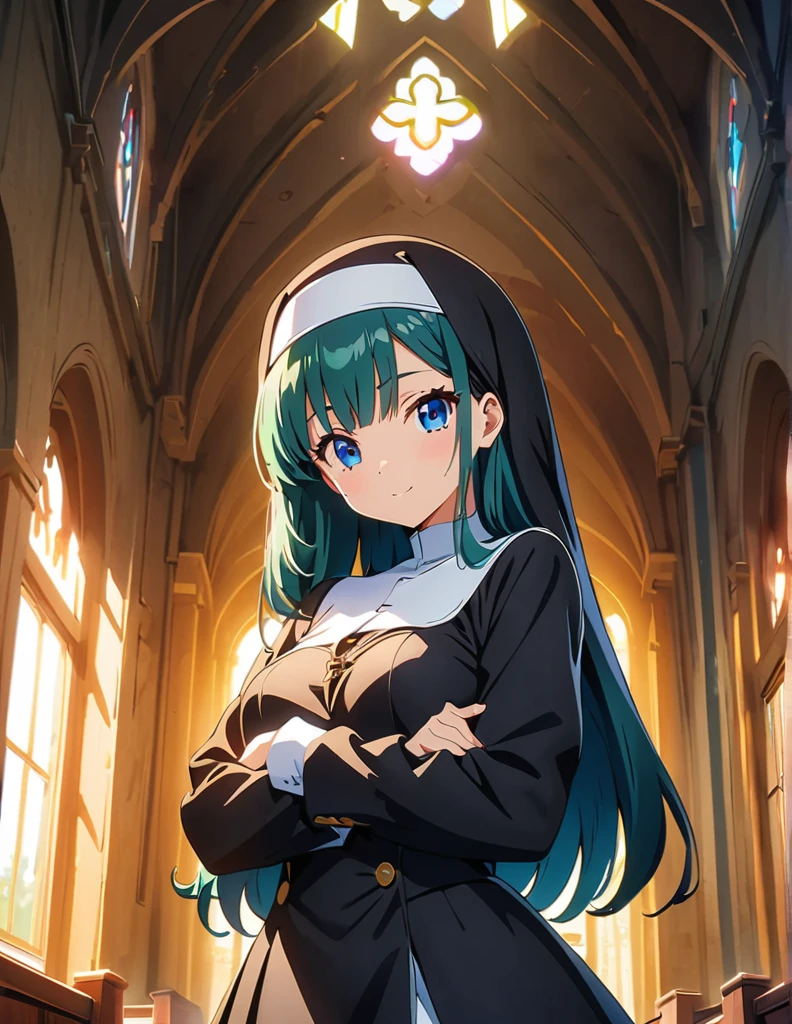 (anime artwork, anime style, studio anime, very detailed, up to date, vibrant, Anime Coloring, high contrast, masterpiece:1.2, best quality, best aesthetics),2 girl,hug from behind,nun, Medium chest,random hair, One eye is hidden by the bangs, perfect proportions, high detail skin, Cute, detailed faces,church, precise fingers,curvy,