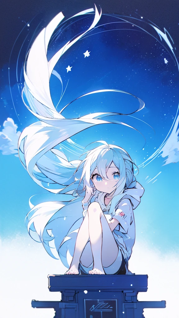 Design clothing,Seven-doppelganger shot,Anime style 4K,High quality anime art style,Standing painting,Splash ink background,Blue Themes、Pure white background,Buildings,Face close-up,Buildings,Moon and sun、Shining Star々,milky way,Bright Sky,Looking at me,Facing forward,Clear eyes and nose,cute,beautiful,Thin legs,sitting by the water, White hair, Blue eyes, girl, bob, front, whole body,White hoodie, Gray shorts,White and blue shoes,(((Anime style))),cute,Blue Background