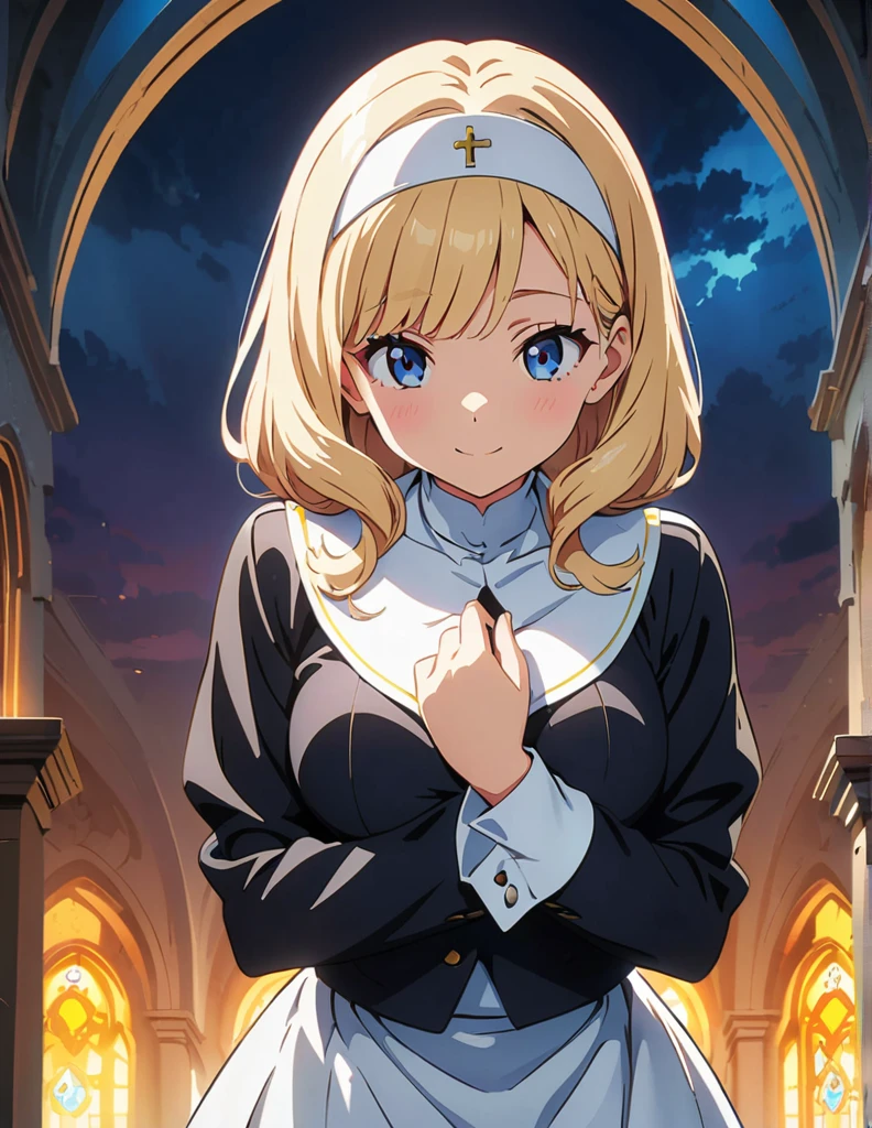 (anime artwork, anime style, studio anime, very detailed, up to date, vibrant, Anime Coloring, high contrast, masterpiece:1.2, best quality, best aesthetics),2 girl,hug from behind,nun, Medium chest,random hair, One eye is hidden by the bangs, perfect proportions, high detail skin, Cute, detailed faces,church, precise fingers,curvy,