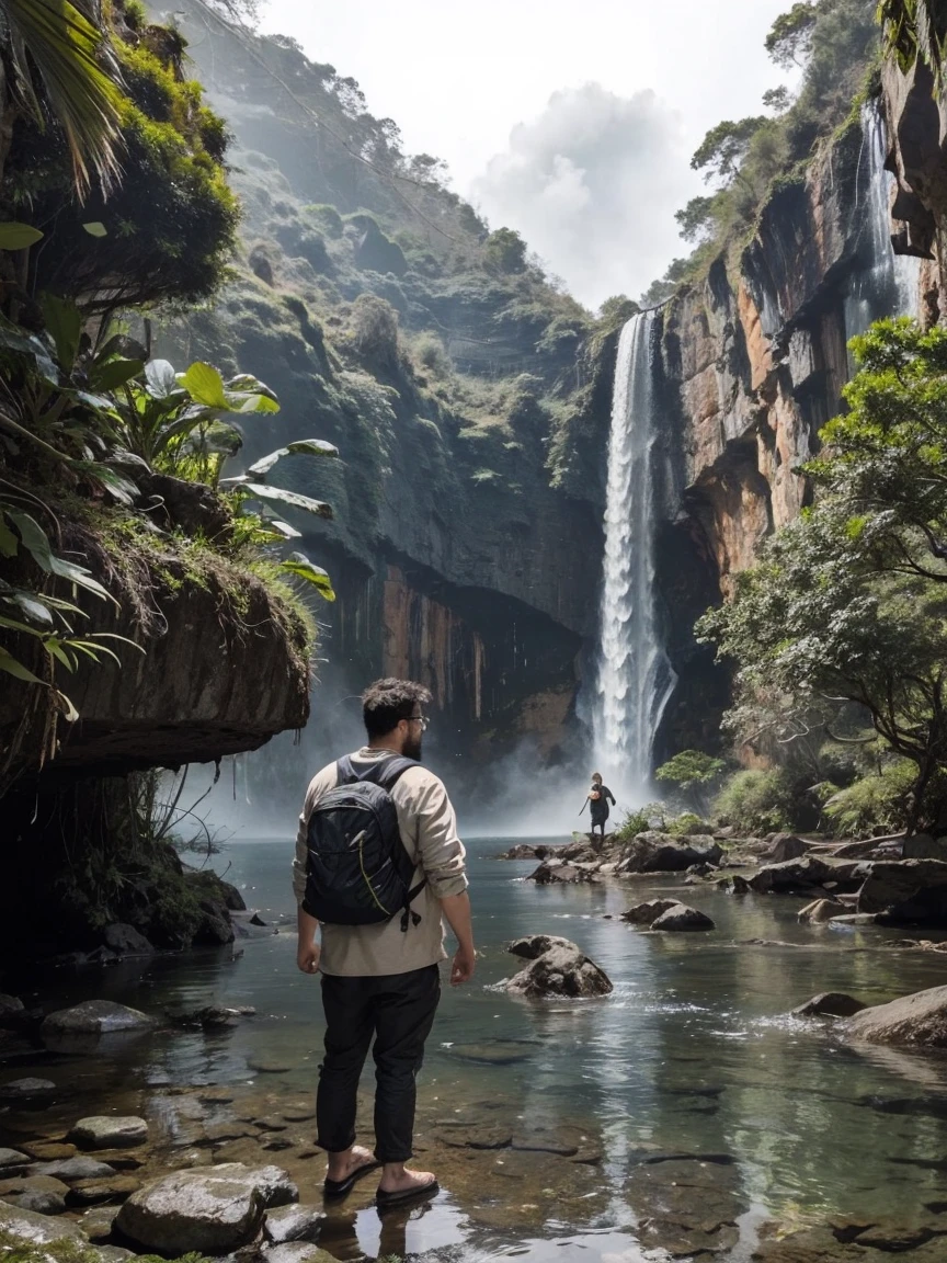 One boy, beard, Glasses, obesity, Solo Expedition, jungle, waterfall, Rocky area, Wet clothes, bag, Finding a way, nature, Strength, A sense of adventure, wild, Intensity of green, fog, Tree trunk, Silence, fresh air, full body