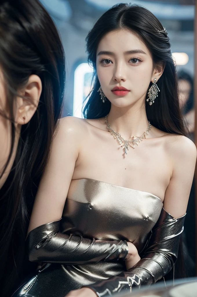 (((best quality))),(((ultra detailed))),(((masterpiece))),illustration,((1girl,gorgeous female model,solo)),((earrings,crystal necklace)),((slim,thin)),((small breasts,flat chest)),(beside a sleek futuristic car:1.3),(strapless glamorres sparkled bra:1.3),intricate embellishments,drop-dead gorgeous,(shoulder length straight hair:1.2),vibrant piercing eyes,delicate facial features,rosy cheeks,parted res lips,confident allure,beauty grace,intricate patterns,shimmering fabric,elegant draping,complementary skin tone,radiates beauty,allure,sleek streamlined design,futurism,smooth curves angles,ambient lighting,ethereal aura,intricate patterns,LED lights,glow,sea of activity,(surrounded by crowded crowds:1.3),examine cars,electric atmosphere,cyberpunk style,excitement anticipation,energy palpable,enthusiasm future automobiles,modern elegance,technological innovation,captivating vibrant scene,invite viewers step into future,embrace beauty,((from front,close-up of face))