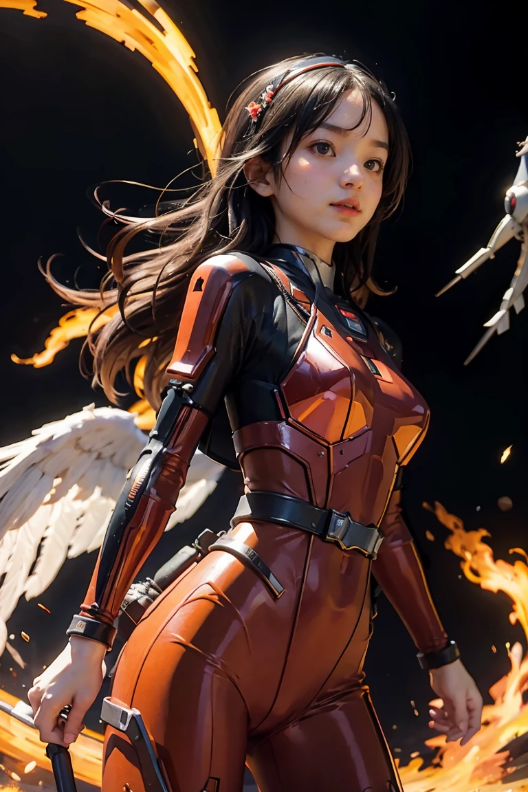 1girl, Absurd resolution, high resolution, (masterpiece: 1.4), hyper-detail, a mech, red armor with cybernetic red wings, floating flight in the sky (1.8) background is wild, fire, full bodysuit,