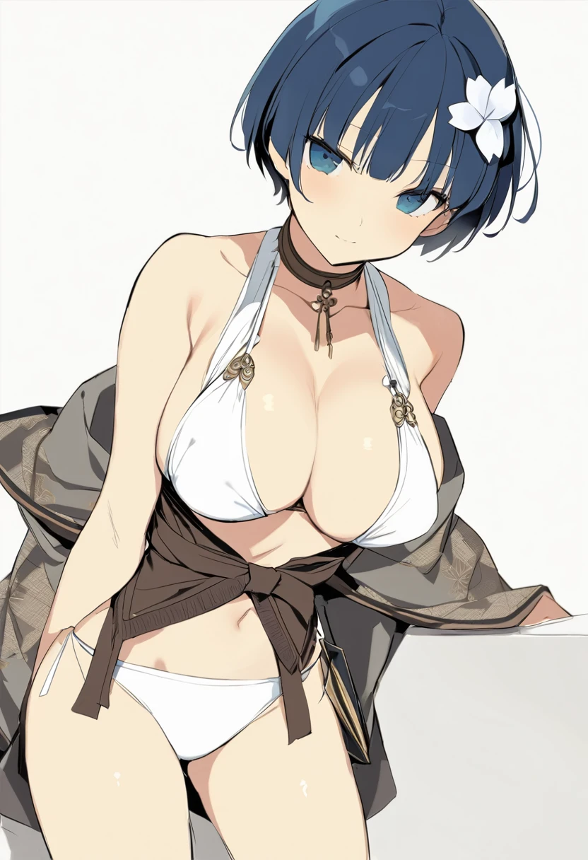 masterpiece, best quality, 
yozakura (senran kagura), 1girl, solo, short hair, blue hair, blue eyes, large breasts, hair ornament, hair flower, 
flower, emblem, 
white background, looking at viewer, 

white bikini, 