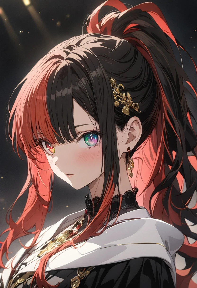 1girl, multicolored hair, black hair, red hair, bangs, ponytail, heart-shaped pupils, multicolored eyes, heterochromia, red eyes, greeneyes, anime, anime style, masterpiece, high details, high quality, award winning, best quality, highres