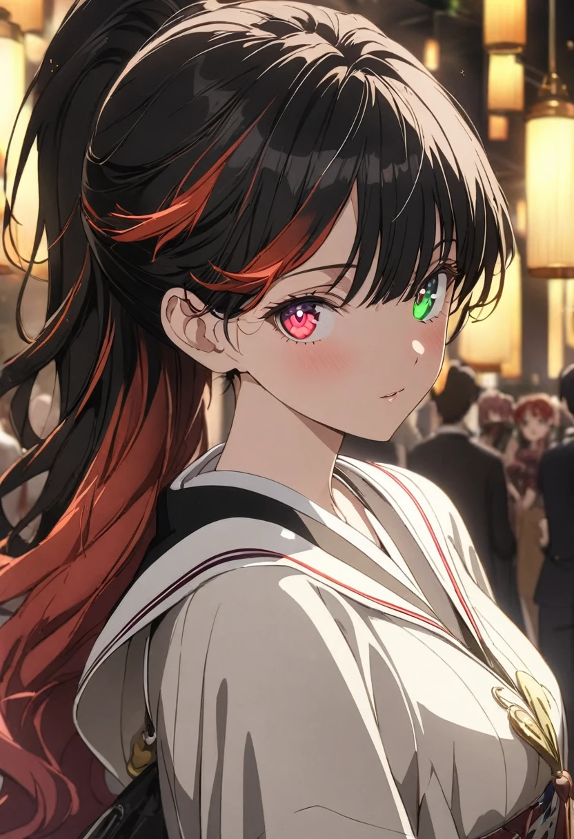 1girl, multicolored hair, black hair, red hair, bangs, ponytail, heart-shaped pupils, multicolored eyes, heterochromia, red eyes, greeneyes, anime, anime style, masterpiece, high details, high quality, award winning, best quality, highres