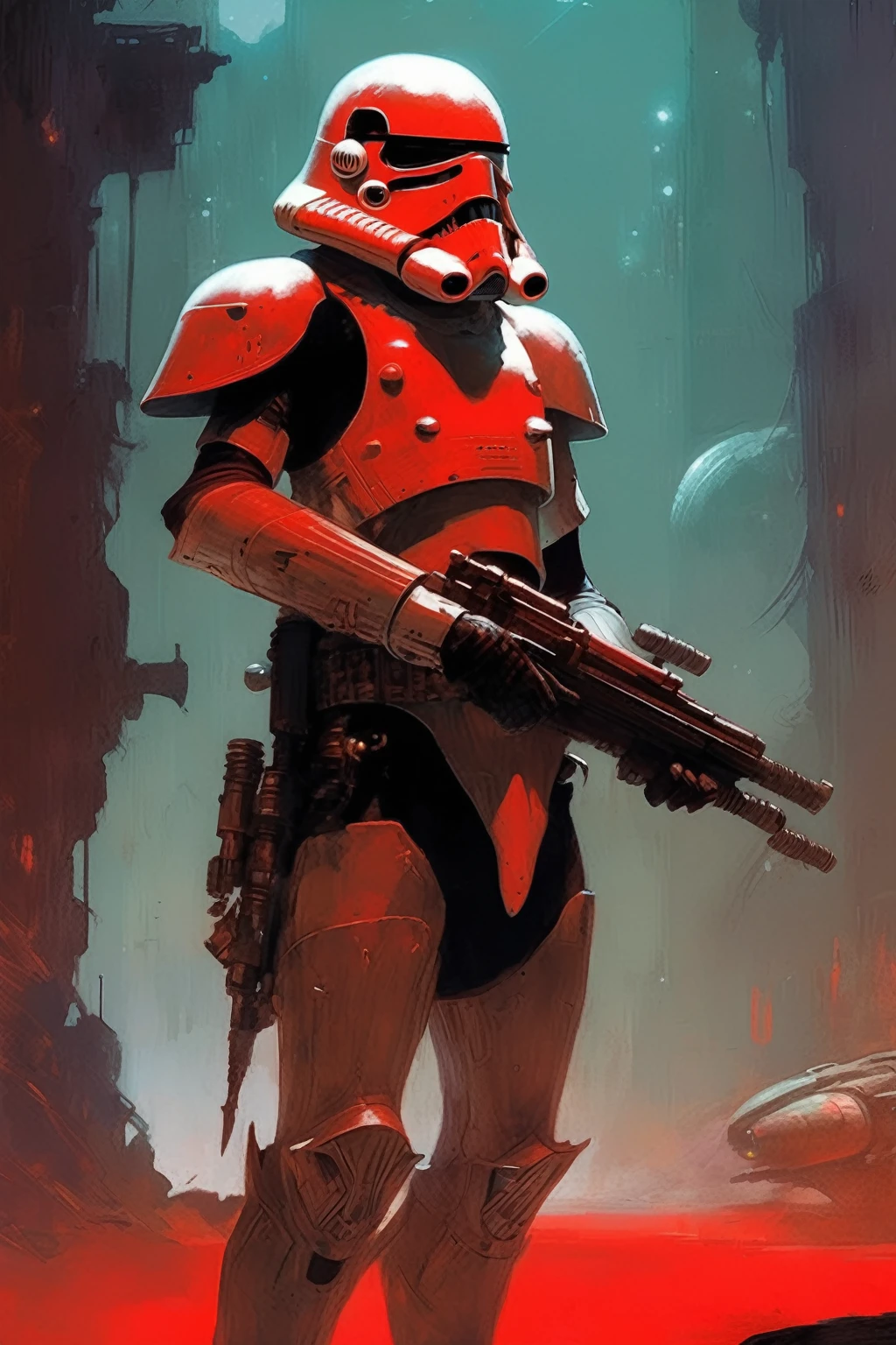 A stormtrooper, concept art, cyberpunk, stranger, fighter, star wars, heavy armor, light weapon, thin waist, frank frazetta style, alone, night, alien ambient, red drawnings on the helmet, red drawnings on the armor