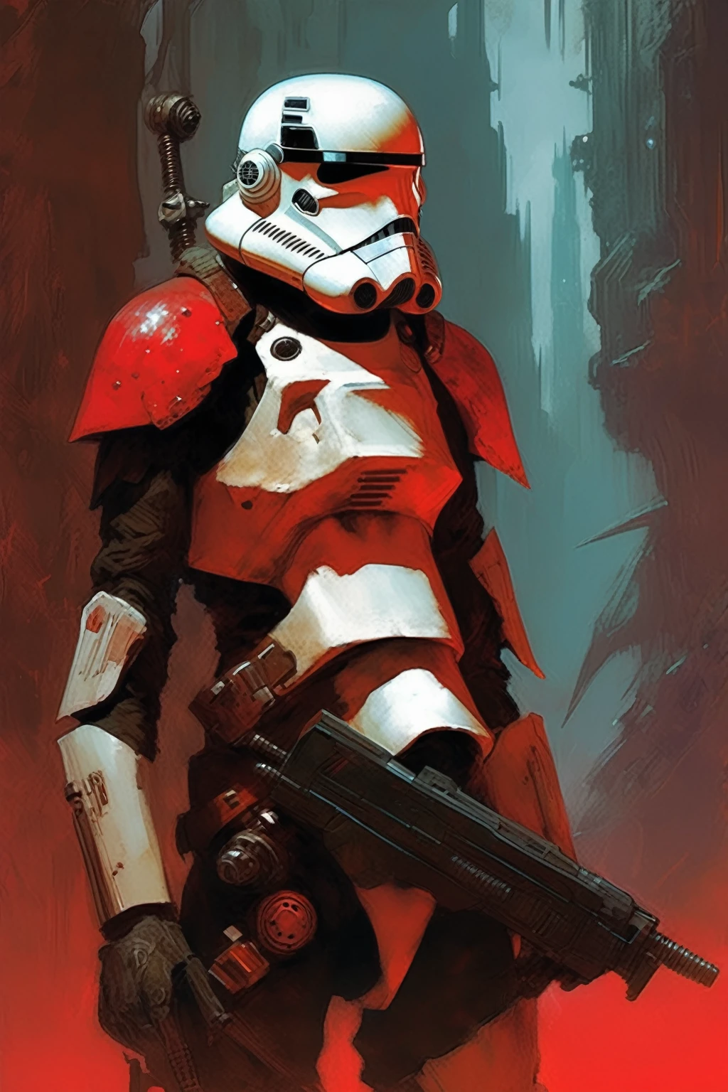 A stormtrooper, concept art, cyberpunk, stranger, fighter, star wars, heavy armor, light weapon, thin waist, frank frazetta style, alone, night, alien ambient, red drawnings on the helmet, red drawnings on the armor