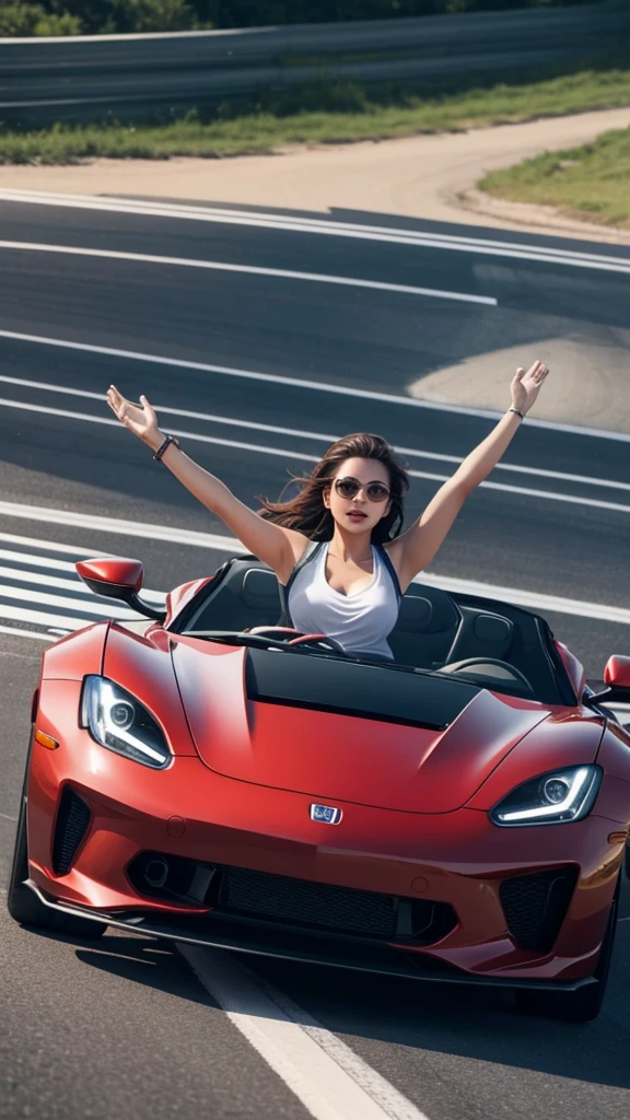 Create a woman in open top sports car, the woman driving her car on the road, You can see her from a distance behind her, walking happily, raising her hands.