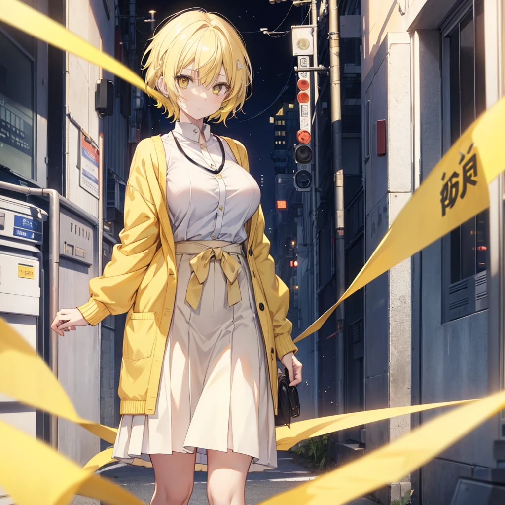 1 person, Anime, light yellow short hair, white skin, Wear a skirt,yellow cardigan, light yellow eyes, big breasts