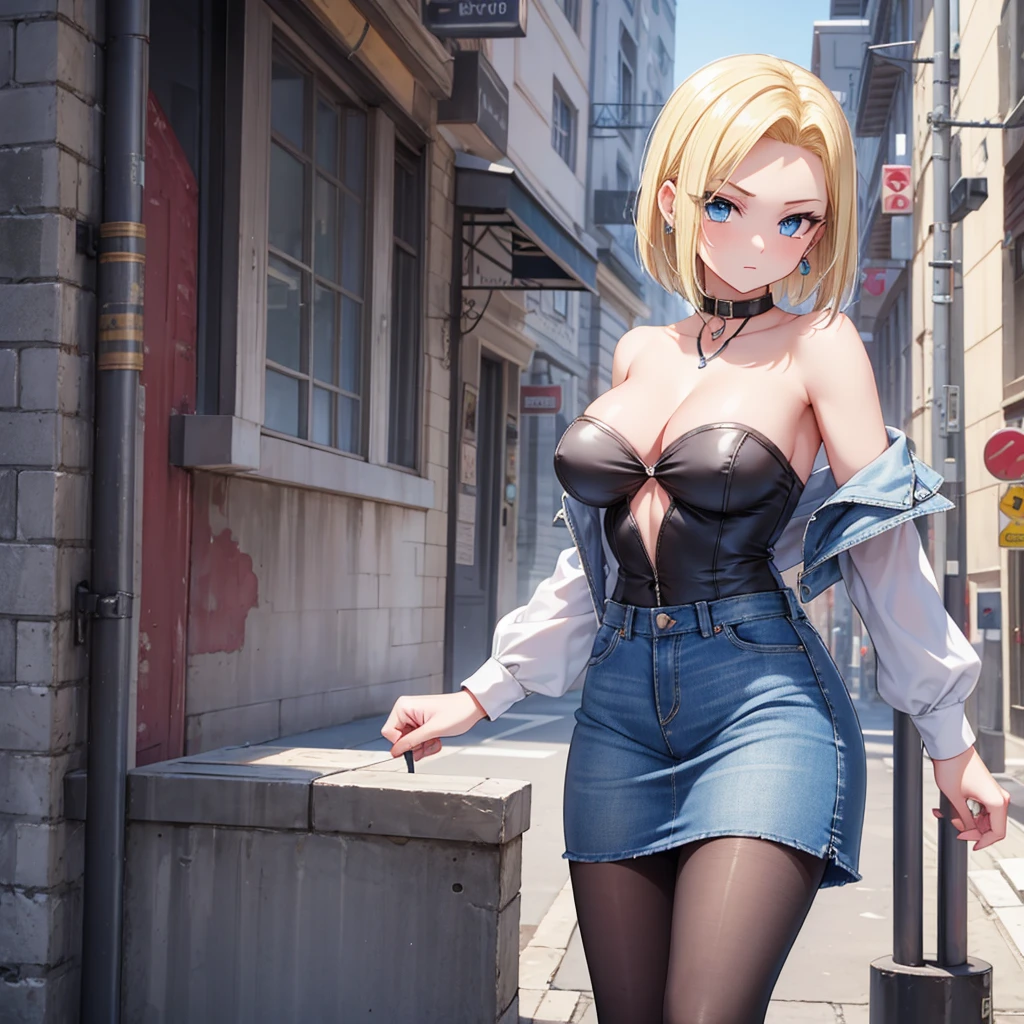 best qualityer, high resolution, e18, 1 girl, android 18, standing alone, hair blonde, blue colored eyes, shorth hair, aretes, jewerly, Jeans dress, open vest, black pantyhose, black jersey, denim skirt, striped long sleeves, blue skirt, medium breasts, cowboy shot, Street, (Externally expanded chest:1.2), (strapless:1.2), Off The Shoulder,