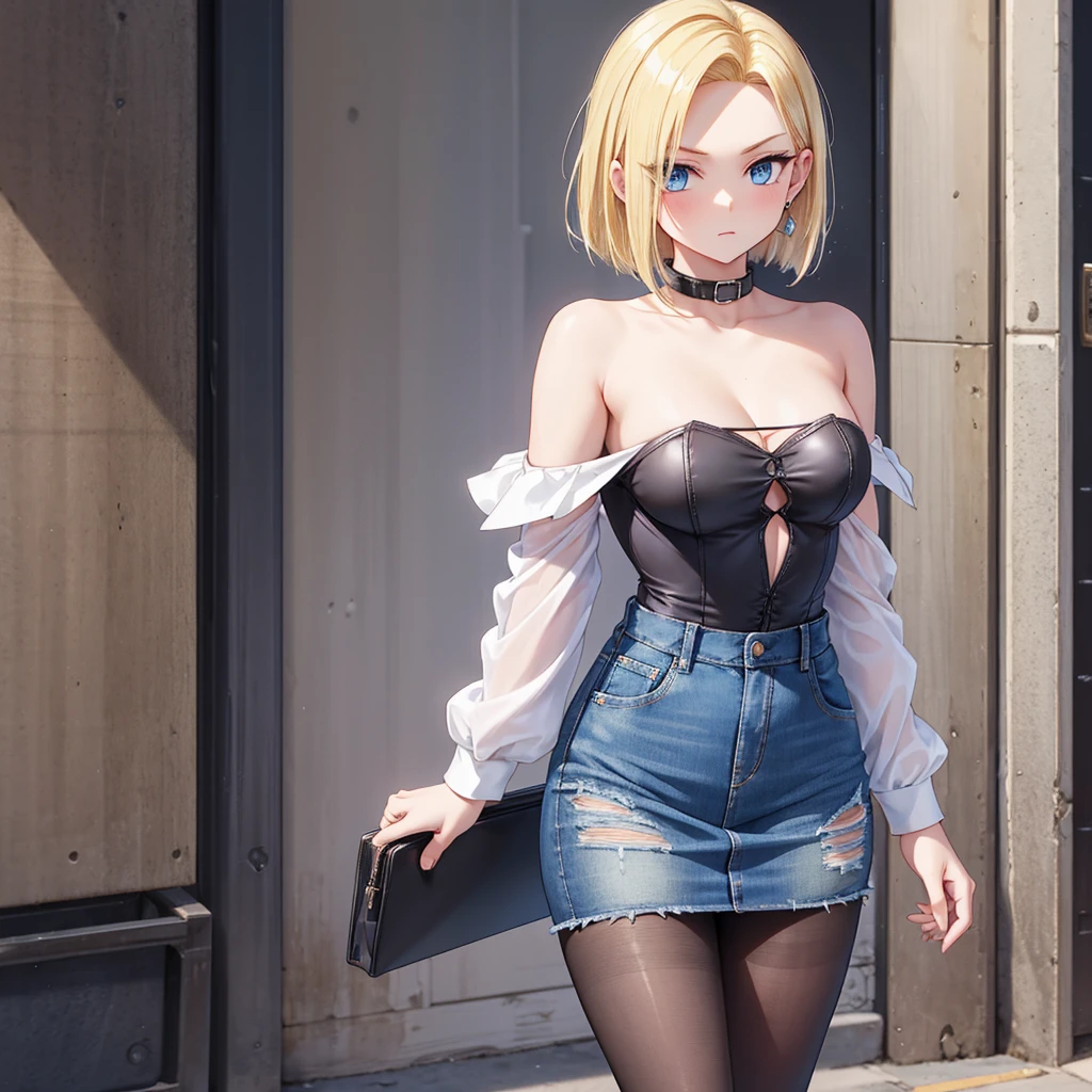 best qualityer, high resolution, e18, 1 girl, android 18, standing alone, hair blonde, blue colored eyes, shorth hair, aretes, jewerly, Jeans dress, open vest, black pantyhose, black jersey, denim skirt, striped long sleeves, blue skirt, medium breasts, cowboy shot, Street, (Externally expanded chest:1.2), (strapless:1.2), Off The Shoulder,