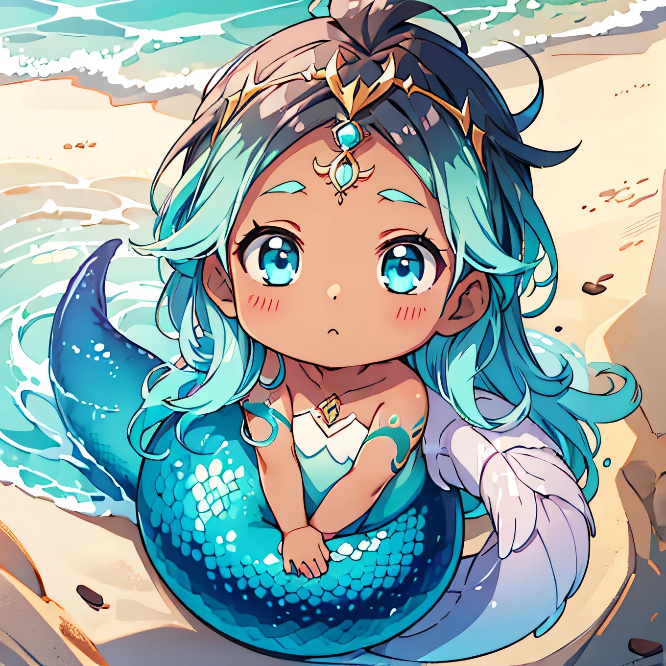 Baby Mermaid Girl, ((((DARK SKIN)))) ((Long OMBRE MULTICOLOR HAIR)), Teal Hair Mixed With Brown Hair, White Mermaid Tail, Rune Tattoos, Circlet