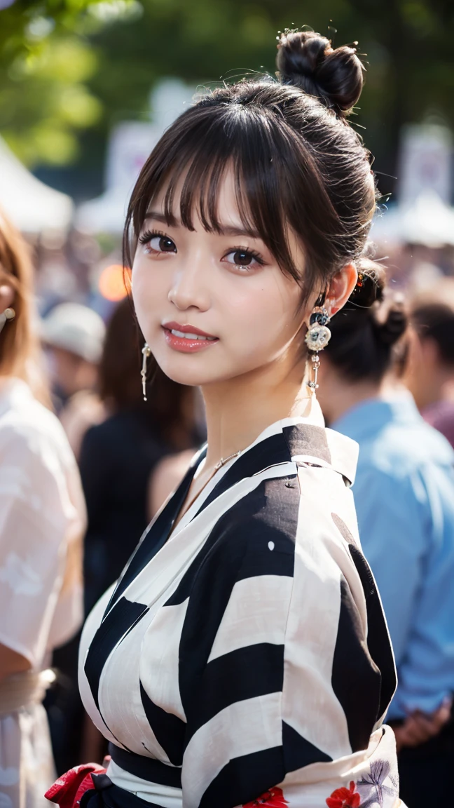 (masterpiece, Highest quality:1.3), smile、(Very detailed:1.2), (hyperRealistic:1.3), (RAW Photos:1.2),(smileで歩く:1.8)、High resolution raw color photos, Professional photos, (PhotoRealistic:1.4), (Realistic:1.4),(Small Nose:1.4)、Big eyes、(Summer festival:1.4)、Long eyelashes、Professional Lighting, Perfect Anatomy, (Very large breasts:1.2), (Detailed face), (Cute appearance:1.5), (Black hair bun:1.5), necklace, bracelet, (A beautiful woman in a yukata: 1.3)、(Multiple ear piercings:1.4)、(背景はSummer festival)、(In the crowd:1.8)、(Focus on the whole body:1.4)