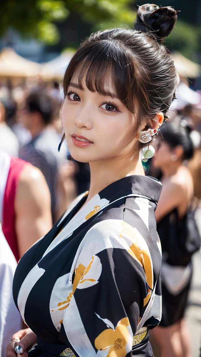 (masterpiece, Highest quality:1.3), smile、(Very detailed:1.2), (hyperRealistic:1.3), (RAW Photos:1.2),(smileで歩く:1.8)、High resolution raw color photos, Professional photos, (PhotoRealistic:1.4), (Realistic:1.4),(Small Nose:1.4)、Big eyes、(Summer festival:1.4)、Long eyelashes、Professional Lighting, Perfect Anatomy, (Very large breasts:1.2), (Detailed face), (Cute appearance:1.5), (Black hair bun:1.5), necklace, bracelet,   (A beautiful woman in a yukata: 1.3)、(Multiple ear piercings:1.4)、(背景はSummer festival)、(In the crowd:1.8)、(Focus on the whole body:1.4)