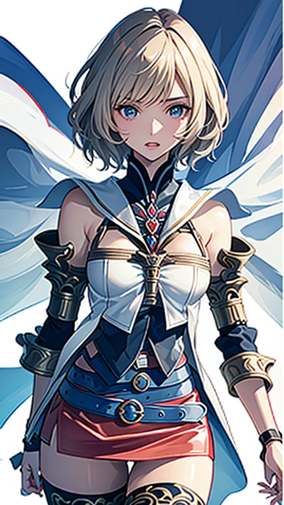 White background,appearance々Facial expressions,cowboy shot,(masutepiece, of the highest quality, Best Quality, Official art, Beautiful and aesthetic:1.2), ighly detailed, Colorful,highest details,Illustrations,Everyday scenery, 1girl in, Solo, (Final Fantasy 12,Ashelia, shorth hair,short-hair ,Ashelia Costume,Red mini skirt, thighs thighs thighs thighs, Knee socks that cover up to the shin,jewely, Blue belt,Number on one of the belts), is standing, gritted teeth, Heavy breathing, move chart,Medieval fantasy