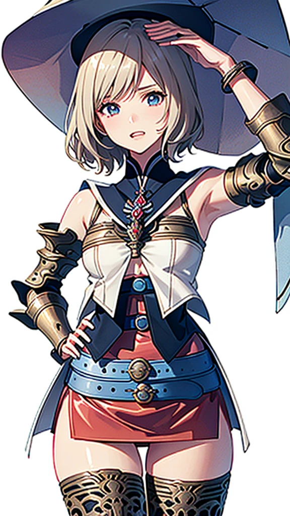 White background,appearance々Facial expressions,cowboy shot,(masutepiece, of the highest quality, Best Quality, Official art, Beautiful and aesthetic:1.2), ighly detailed, Colorful,highest details,Illustrations,Everyday scenery, 1girl in, Solo, (Final Fantasy 12,Ashelia, shorth hair,short-hair ,Ashelia Costume,Red mini skirt, thighs thighs thighs thighs, Knee socks that cover up to the shin,jewely, Blue belt,Number on one of the belts), is standing, gritted teeth, Heavy breathing, move chart,Medieval fantasy