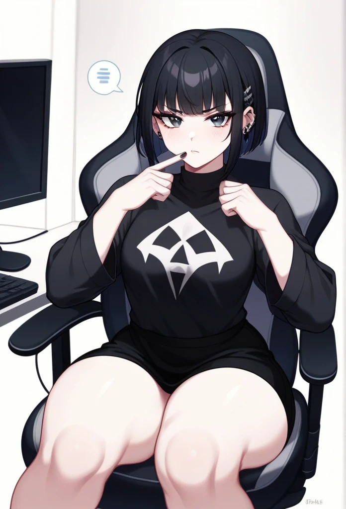 Adult, Female, Black hair, goth girl, gothic, goth clothing, goth make up, thick thighs, medium chest, annoyed, disgruntled, sitting in gaming chair, gt racing chair, black and white chair, bedroom, gothic bedroom, aesthetic bedroom, Masterpiece, Accurate, Anatomically Correct, Best Quality, High Details, Detail, Super Detailed, Best detail, Perfect detail, Amazing detail, [-3, 3], perfect hands, best hands, best fingers, perfect fingers, perfect body, best body, amazing body, Looking at viewer, front facing, upper body shot,