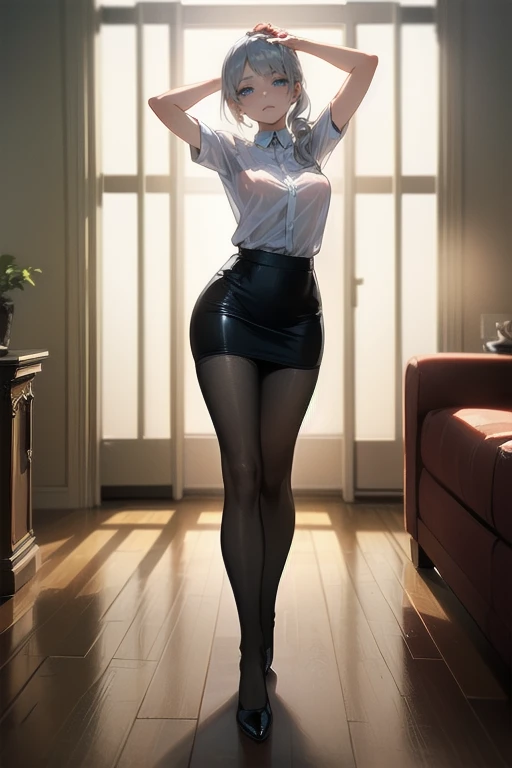 (((1 girl)),Ray Tracing,(Dim lighting),[Detailed Background (living room)),((Silver Hair)),(Silver Hair)),((Fluffy Silver Hair, Plump and slim girls)) Raised ponytail))) Avoid golden eyes in the ominous living room ((((The girl is wearing a white opaque shirt, Black wrinkled skirt and black transparent stockings), Showing off a delicate, slender figure and graceful curves, Correct limbs, Put your hands behind your head, Put your hands behind your head, Put your hands behind your head , Eye details, Beautiful Eyes, Delicate eyes, blue eyes