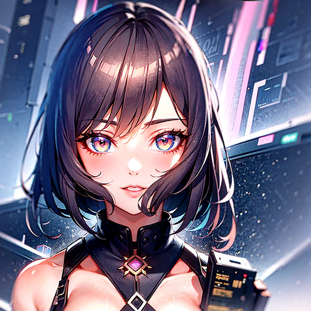 Portrait of Emb-Haiz, Beautiful face, in cyberpunk city at night. She's wearing a leather open jacket,Lingerie, black jeans, dramatic lighting, (police badge:1.2).