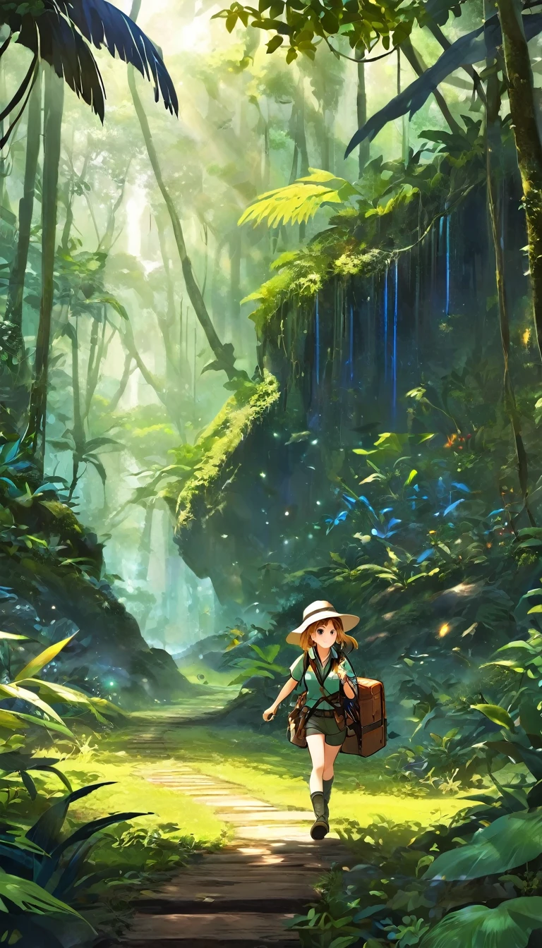 score_9, score_8_superior, score_7_superior, score_6_superior, score_5_superior, score_4_superior, BREAK、Highest quality:1.2、masterpiece、Highly detailed CG unit wallpaper、High resolution、BREAK、Jungle Adventure、Subtropical plants、Mysterious Jungle、Wilderness、Explorer's attire、Sharp Eyes、One Girl、Walking、Densely grown grass、Jumanji、Jumanjiの世界、