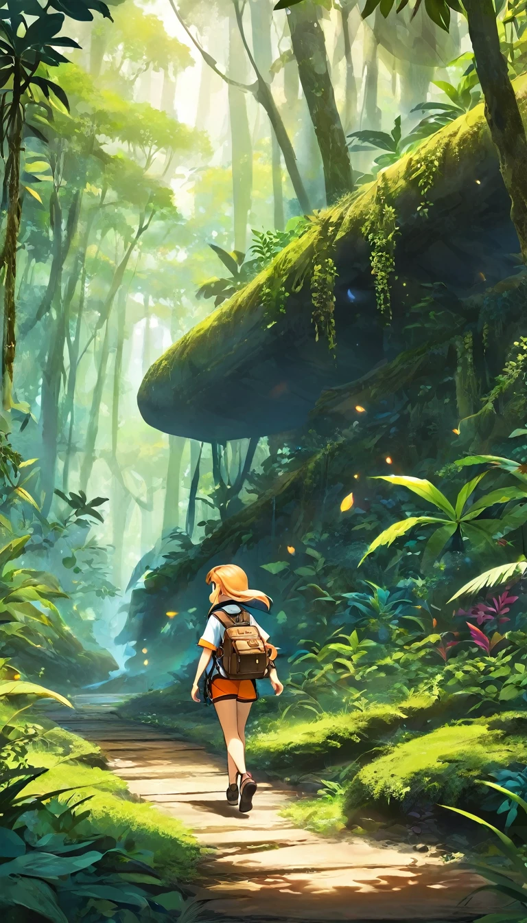 score_9, score_8_superior, score_7_superior, score_6_superior, score_5_superior, score_4_superior, BREAK、Highest quality:1.2、masterpiece、Highly detailed CG unit wallpaper、High resolution、BREAK、Jungle Adventure、Subtropical plants、Mysterious Jungle、Wilderness、Explorer's attire、Sharp Eyes、One Girl、Walking、Densely grown grass、Jumanji、Jumanjiの世界、