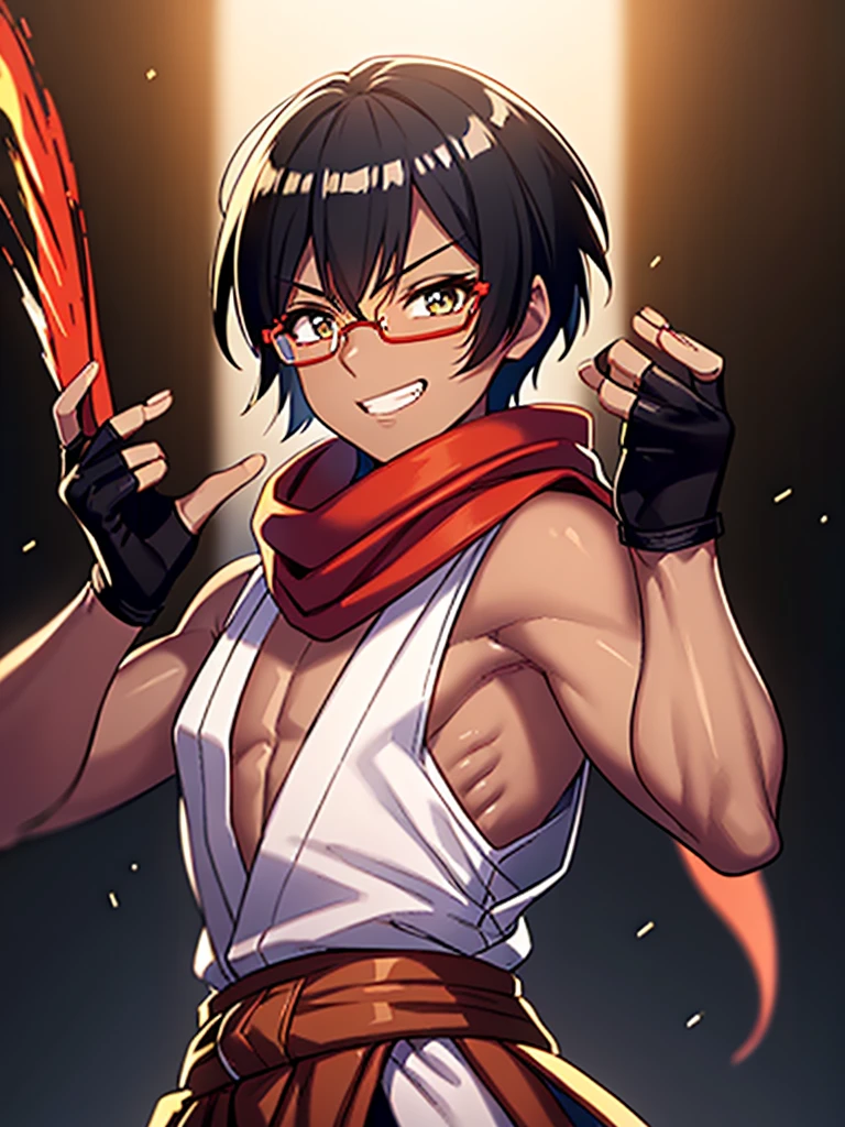 (flat chest), (masterpiece:1.2), highest quality, High resolution, unity 8k wallpaper, (fine and beautiful eyes:1.6), highly detailed face, perfect lighting, Detailed CG, (perfect hands, perfect anatomy), (1 male:1.4), 20 years old,( black hair:1.3), extremely beautiful detailfeminine face and eyes, (grin smile), detailed eyes, best quality,( dark skin:1.8), extremely detailed, very precise detailed,(glasses:1.3), blunt bangs, open mouth, (very short pixie cut:1.2), (geta:1.2),(fingerless gloves:1.5), half closed eyes,long sidelocks,(long red Scarf:1.3),(sleeveless yukata), (high kick:1.5),