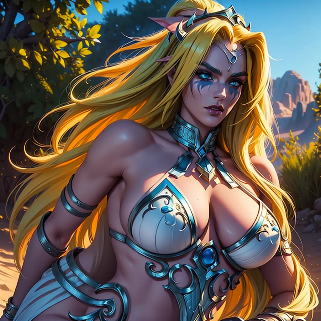 giant BARE nipples huge tits, beautiful eyes, wearing tiara, , ultra high quality, picture full body, totally yellow hair ultra high detailed illustration of being a domina in the desert, slutty seduction, huge , high quality, super quality, sharp details, high details, octane render, unreal engine 5.0 graphics, cinematic look, realistic, hyper-realism, {{{Warcraft}}}, warcraft character, nice slim body, perfect body, beautiful body, beautiful face, very nice face, very nice facial features, very detailed face, very detailed facial features, high detailed body, high detailed face,