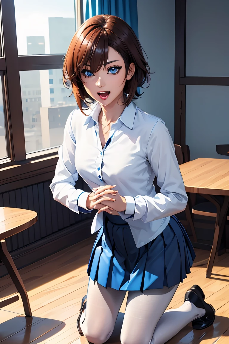  Chisa,brown hair,short hair,medium breasts, brown eyes,hair between eyes, bangs, 
BREAK ((collared shirt, (white shirt:1.2), long sleeves, pleated skirt, blue skirt, black pantyhose:1.5)) 
BREAK kneeling,indoors,implied fingering,fingering,hand under clothes,breast grab,pussy juice,heart,motion blur,panting,saliva,sound effects,
BREAK (masterpiece:1.2), best quality, high resolution, unity 8k wallpaper, (illustration:0.8), (beautiful detailed eyes:1.6), extremely detailed face, perfect lighting, extremely detailed CG, (perfect hands, perfect anatomy),