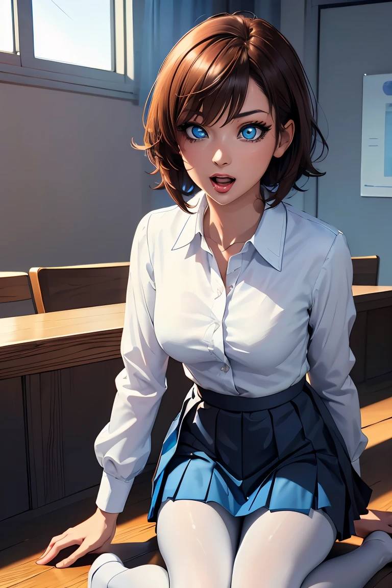  Chisa,brown hair,short hair,medium breasts, brown eyes,hair between eyes, bangs, 
BREAK ((collared shirt, (white shirt:1.2), long sleeves, pleated skirt, blue skirt, black pantyhose:1.5)) 
BREAK kneeling,indoors,implied fingering,fingering,hand under clothes,breast grab,pussy juice,heart,motion blur,panting,saliva,sound effects,
BREAK (masterpiece:1.2), best quality, high resolution, unity 8k wallpaper, (illustration:0.8), (beautiful detailed eyes:1.6), extremely detailed face, perfect lighting, extremely detailed CG, (perfect hands, perfect anatomy),