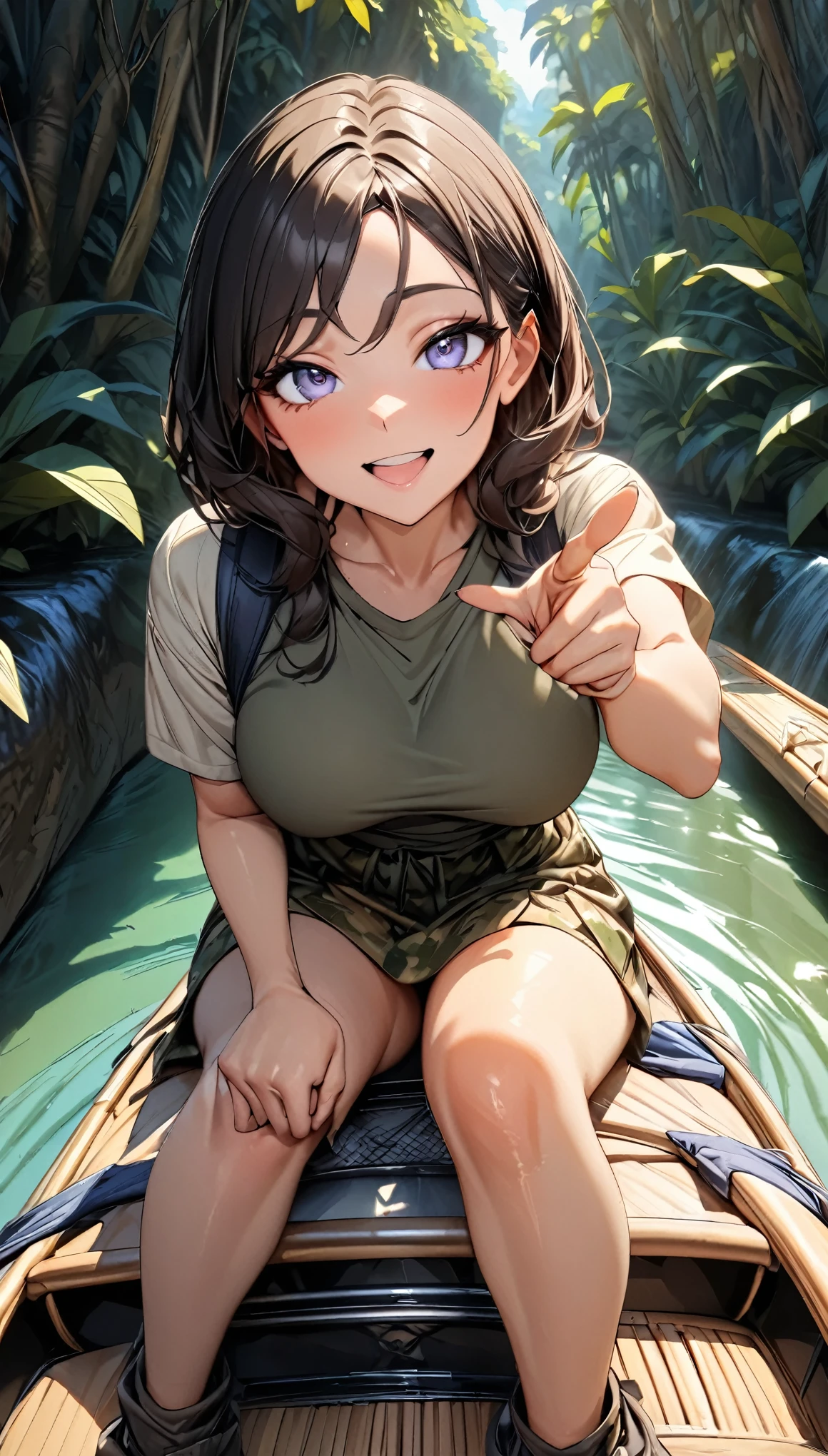 jungleクルーズを楽しんでいる女性, A curvaceous body, Camouflage, Exquisitely rendered equipment, Happy smile, Pointing gesture, Open your mouth, Beautiful eyes, surprise, curiosity, expedition, A sense of adventure, Looking up, ((jungle, Boat ride down the river:1.2)), evening, (Highest quality:1.2, Very detailed, Latest, Vibrant, High Detail, masterpiece:1.2, Highest quality, Best aesthetics), (((1 girl))).